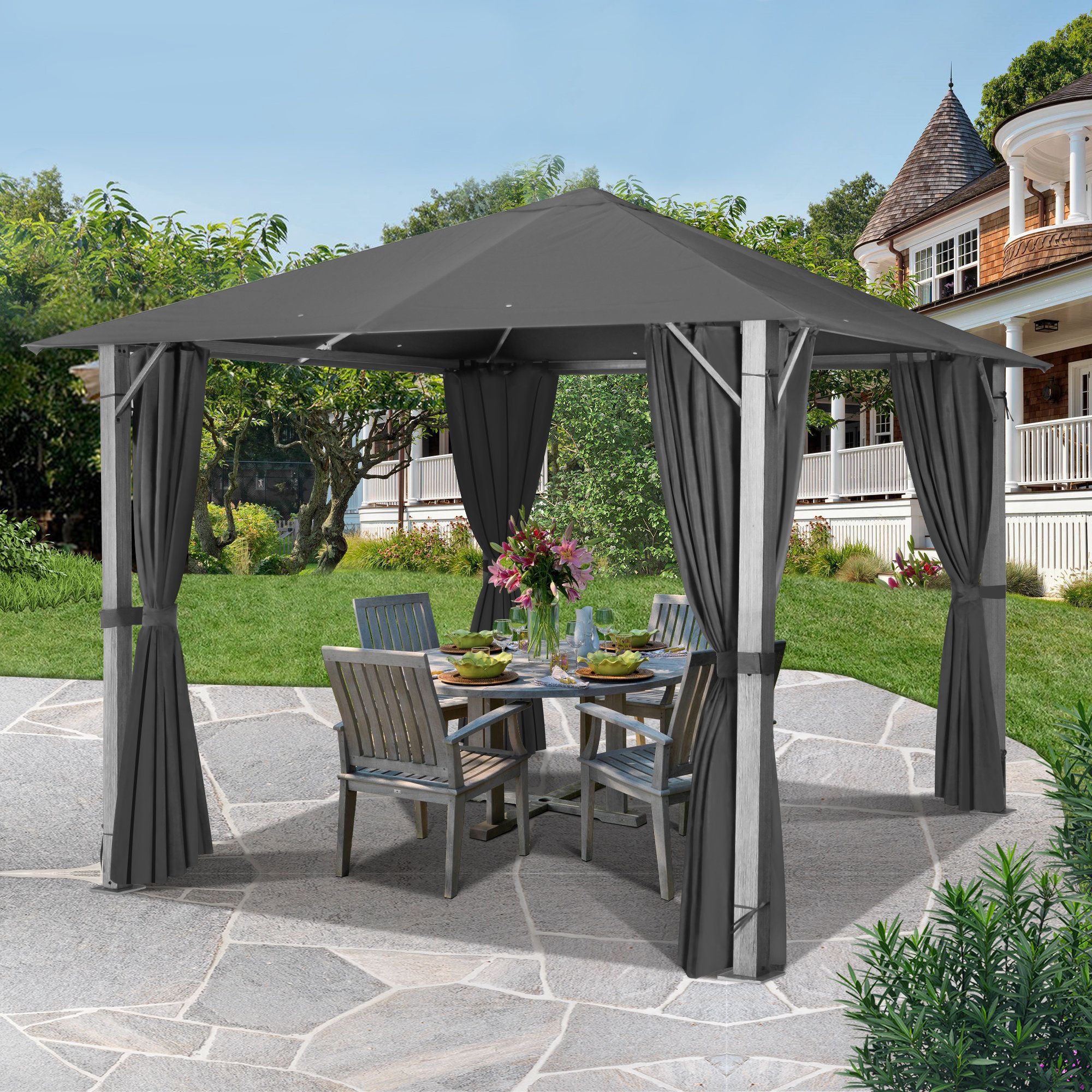 Gartoo 10 Ft. W X 10 Ft. D Steel Patio Gazebo With Privacy Curtains ... inside 10 Ft. W X 10 Ft. D Steel Patio Gazebo The Soft Roof Gazebos