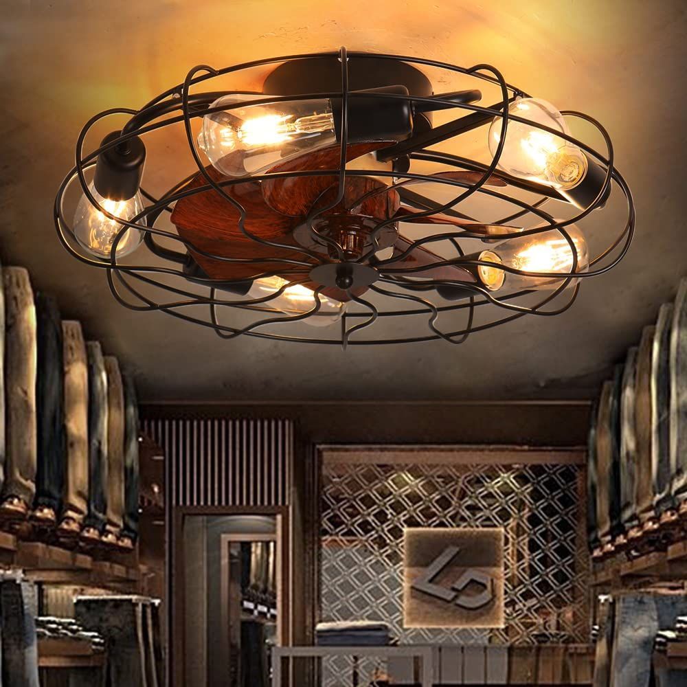 20 Low Profile Caged Ceiling Fan With Light Farmhouse Bladeless Flush ... in 20" Crystal Caged Chandelier Ceiling Fans With Light Kit And Remote Control, Black