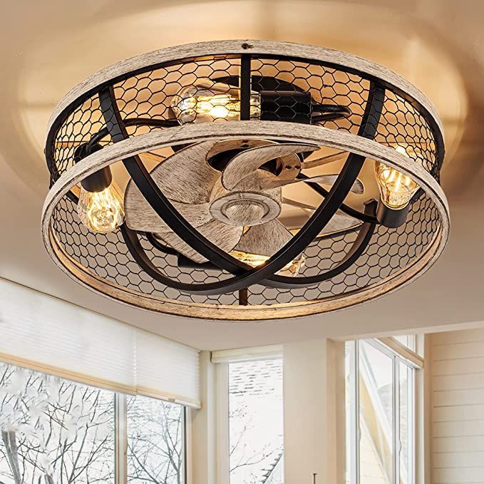 20 Low Profile Caged Ceiling Fan With Light Farmhouse Bladeless Flush ... throughout 19.5 In Indoor Farmhouse Flush Mount Led Ceiling Fan With Remote Control