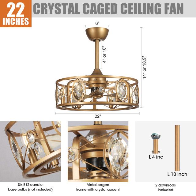 22 In Indoor Brass Gold Crystal Caged Ceiling Fan Chandelier With ... pertaining to 22 In Indoor Brass Gold Crystal Caged Ceiling Fan Chandelier With Remote