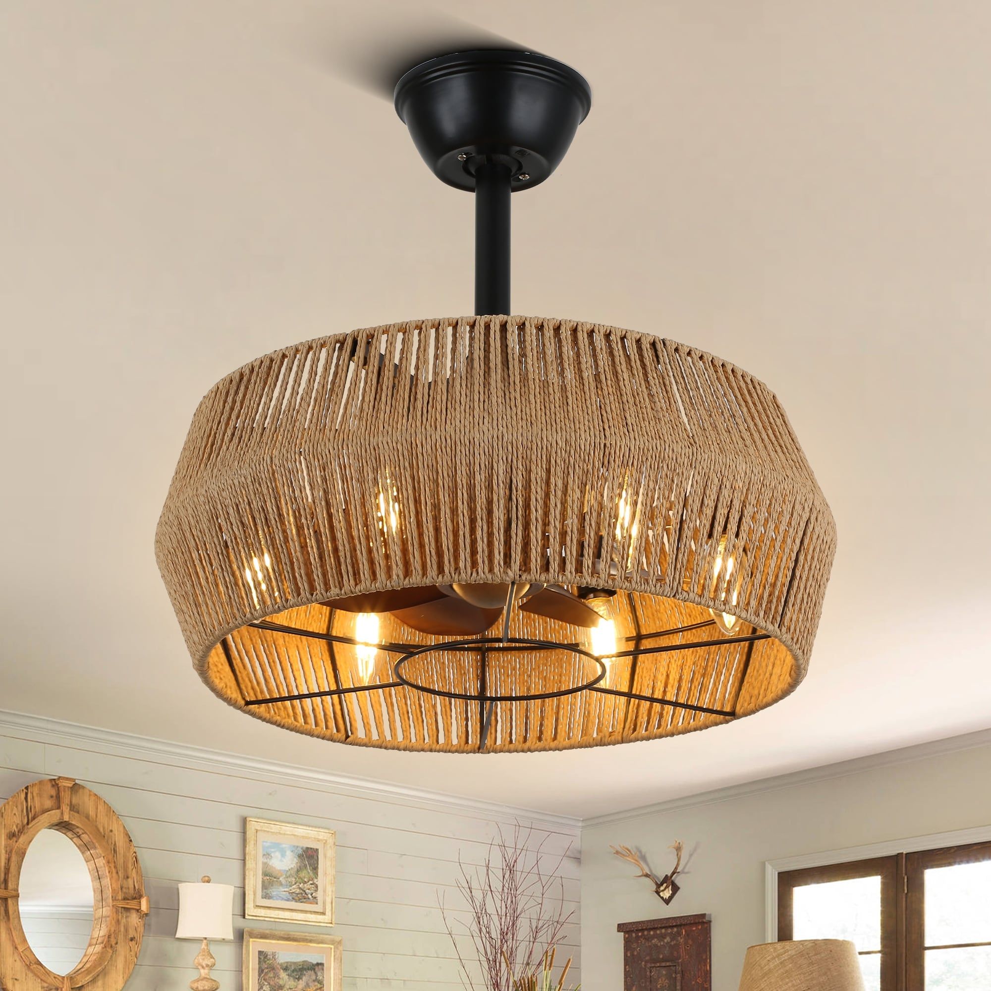 24&quot; Rustic 3-Blade Rattan Cage Ceiling Fan Chandelier With Remote - On ... with 24-Inch Farmhouse Rattan Caged Fandelier Ceiling Fan With Remote, Orb
