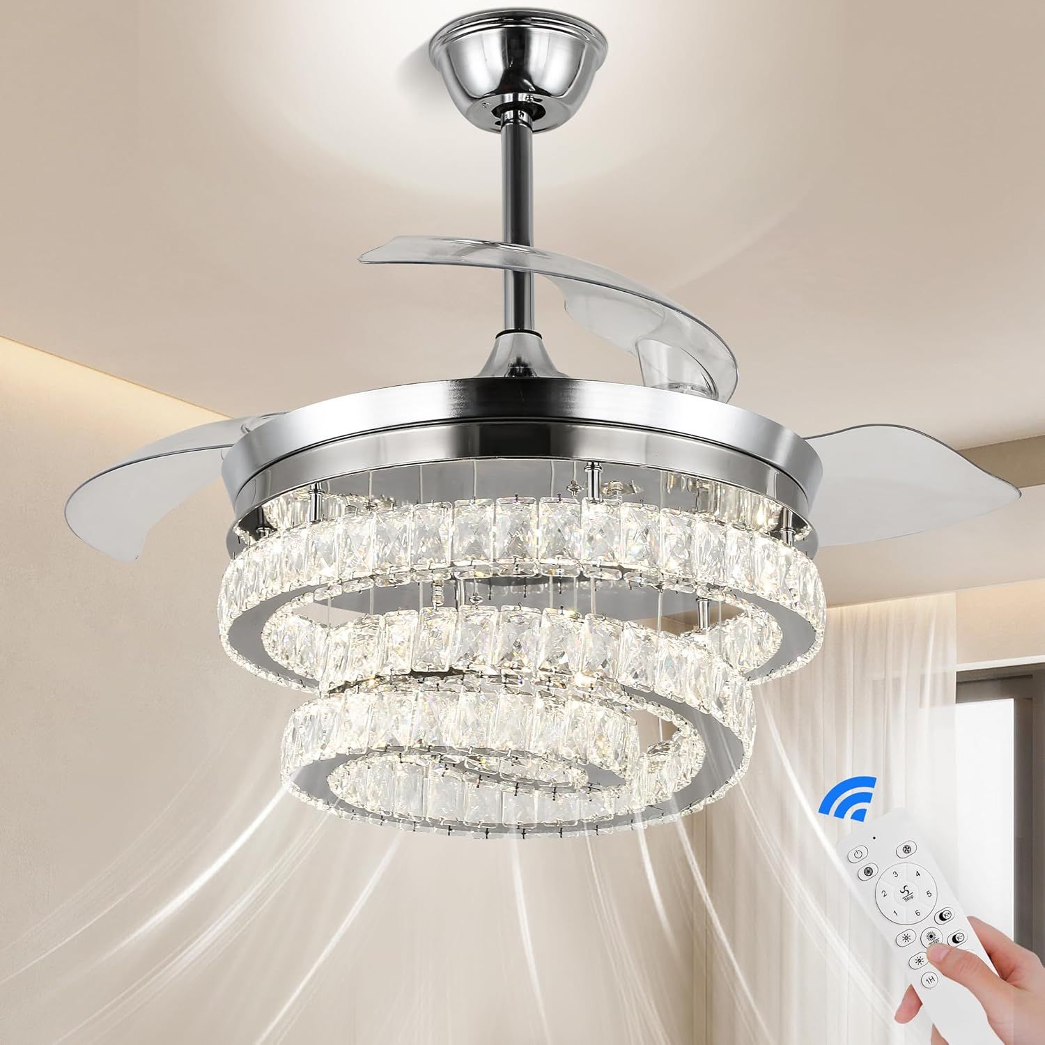 42'' Dimmable Fandeliers Crystal Ceiling Fan Modern Crystal Led ... inside 31 In Oil Rubbed Bronze Bladeless Fandelier Ceiling Fan With Remote Control