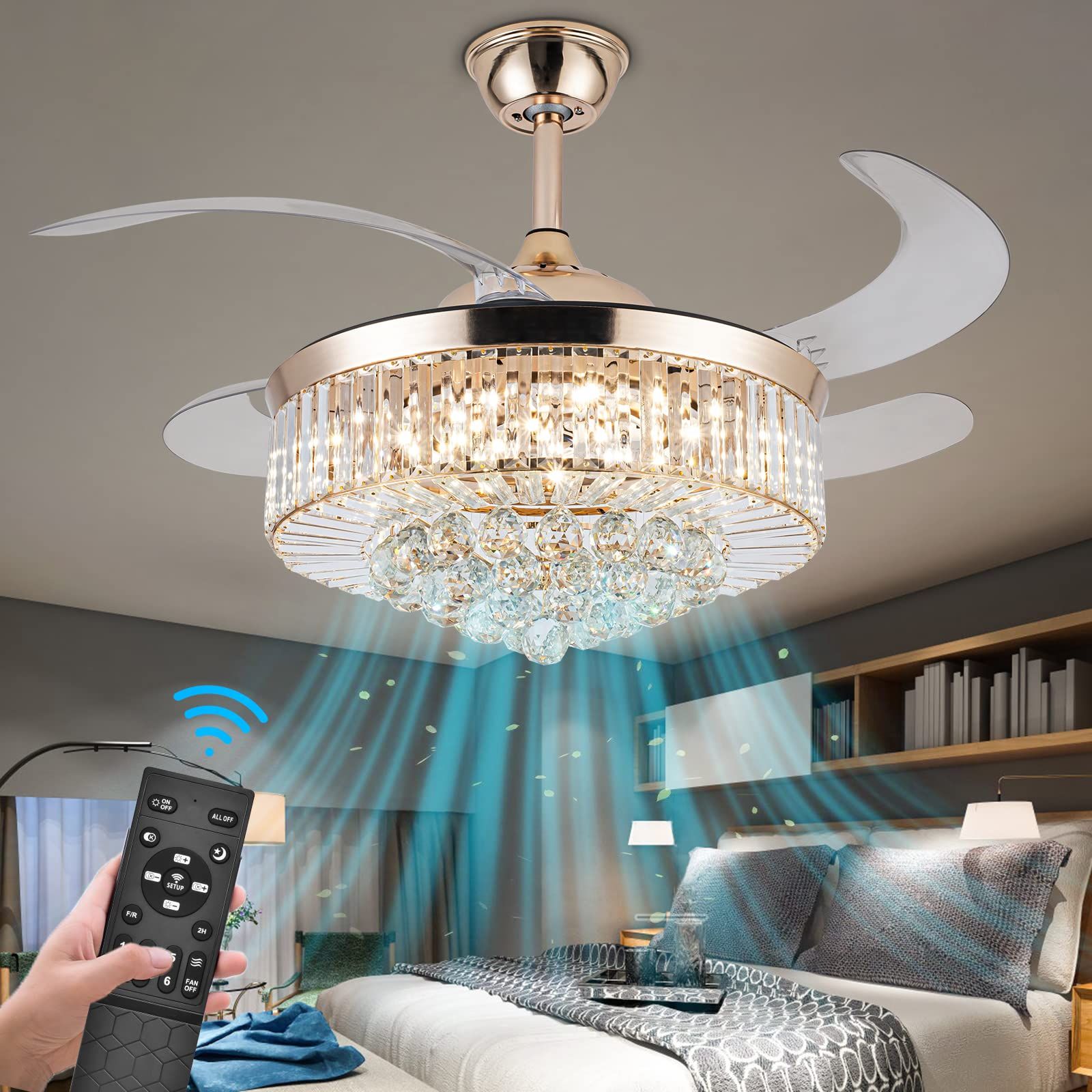 42''Reversible Chandelier Crystal Ceiling Fan With Lights, Stepless ... within 20" Crystal Caged Chandelier Ceiling Fans With Light Kit And Remote Control, Black
