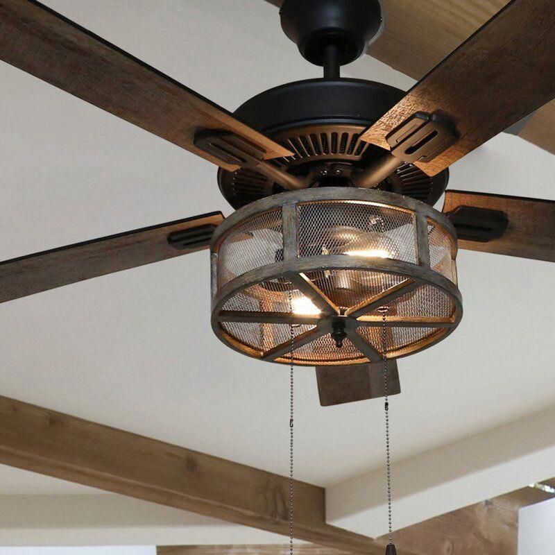 52" Abbigail Woodgrain Caged Farmhouse 5 Blade Led Ceiling Fan With ... for 19.5 In Indoor Farmhouse Flush Mount Led Ceiling Fan With Remote Control