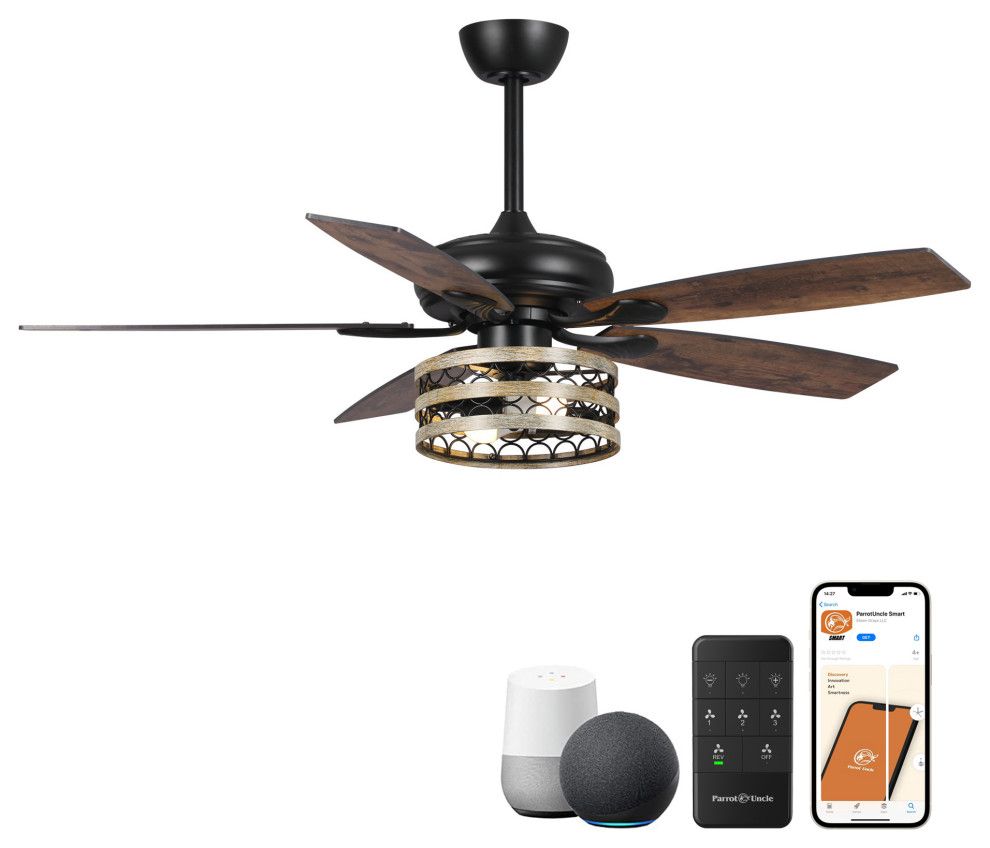 52 In. Indoor Farmhouse Black Led Smart Ceiling Fan With Light And ... with 52-Inch Modern Black Led Smart Ceiling Fan With Remote