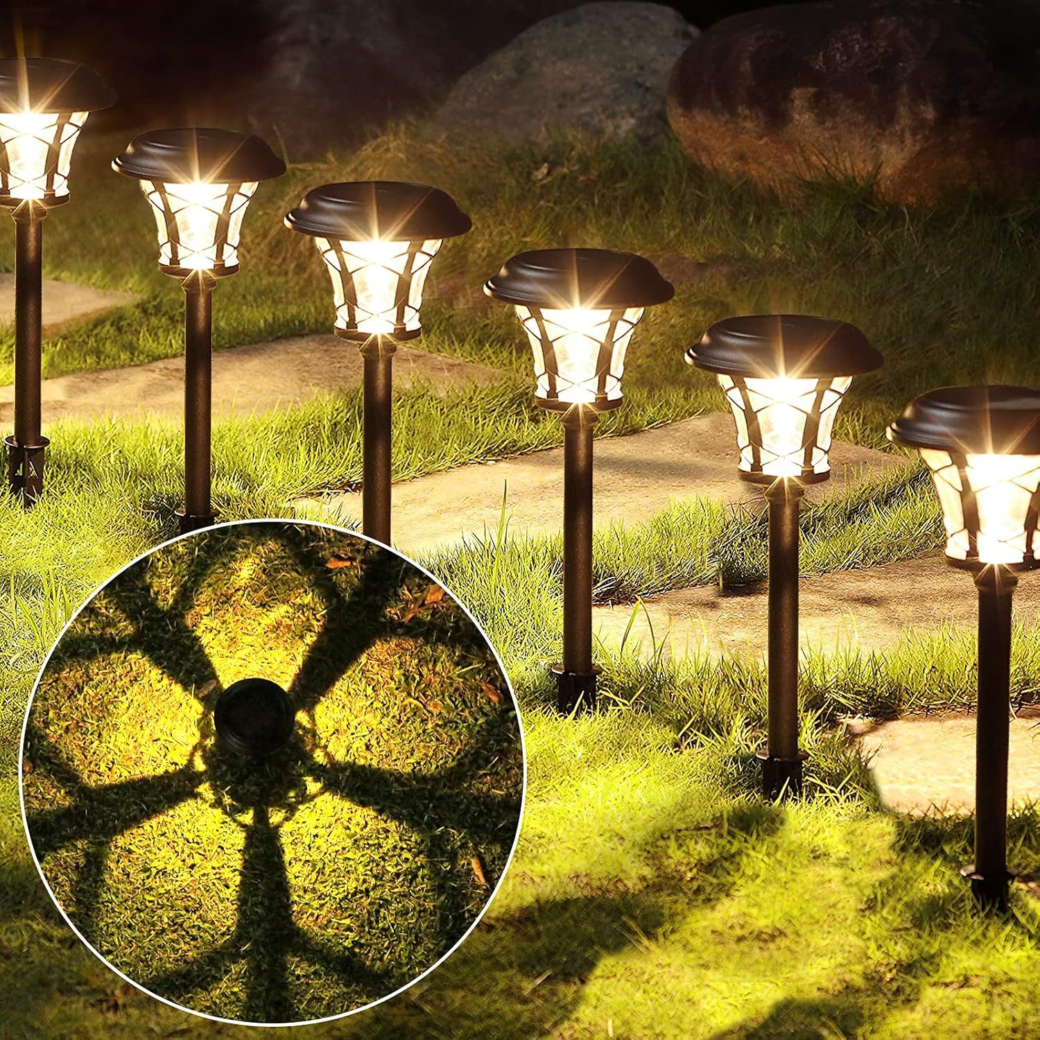 6 Pack 20 Lumen Solar Powered Pathway Lights, Super Bright Led Outdoor ... in 6' Solar Patio Lights, Black Wire Frames, Round/Oval