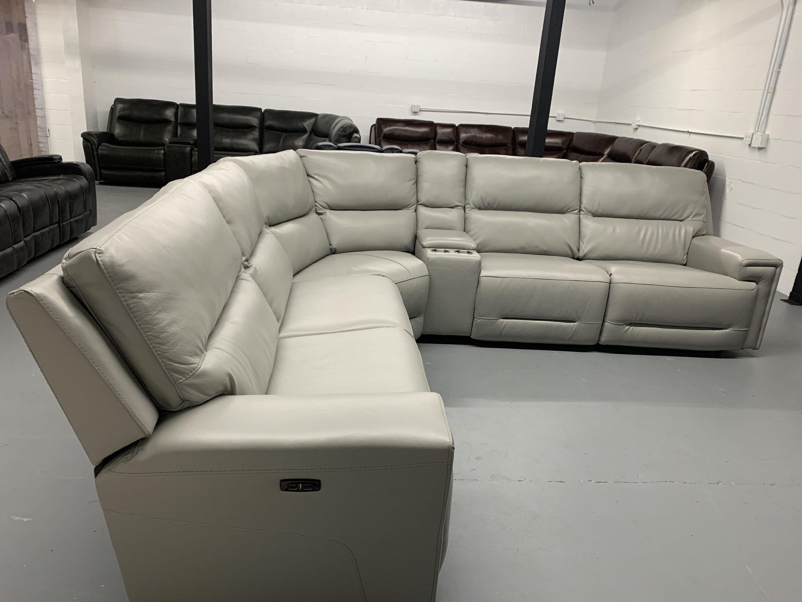 6 Piece Top Grain Leather Light Grey Power Sectional W/ 3 Recliners ... inside Anthony 114"W Light Gray Chenille Power Reclining Sectional Power Headrest