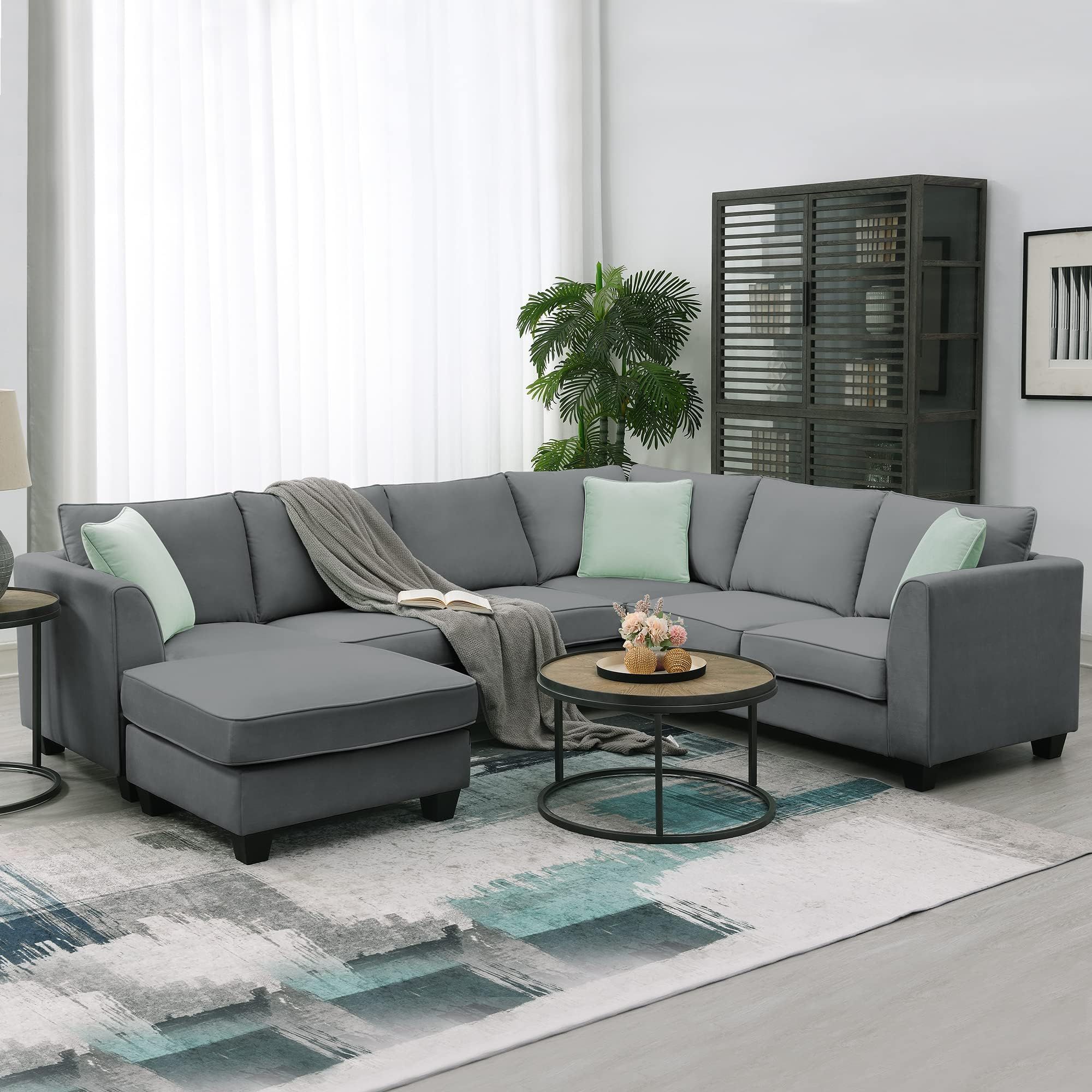 Amazon.com: Bowery Hill Modern 7-Pc Fabric Sectional Sofa And Ottoman ... pertaining to Bowery Hill Modern Fabric &amp; Wood Sofa Chaise In Stone Light Gray