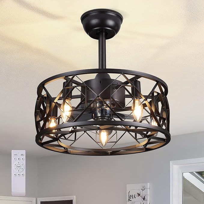 Amazon.com: Caged Ceiling Fan With Light,17&quot; Farmhouse Ceiling Fans ... with regard to 24.4 In Caged Metal Lampshade Ceiling Fan With Remote In Brown