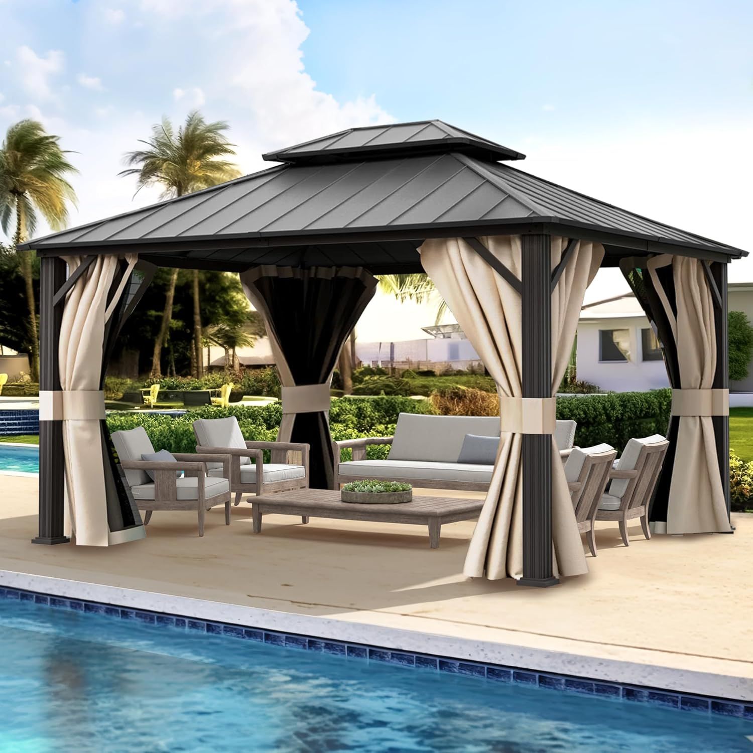 Amazon.com : Lue Bona 12X14 Hardtop Gazebo, Galvanized Steel Double ... intended for 12X14 Hardtop Double-Roofed Aluminum Patio Gazebo