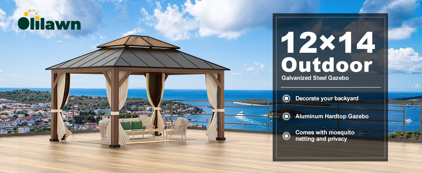 Amazon.com: Olilawn Gazebo 12X14, Hardtop Gazebo With Wood Finish ... inside 12X14 Hardtop Double-Roofed Aluminum Patio Gazebo