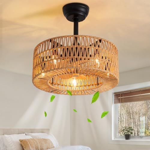 Amazon.com: Shihot Boho Caged Ceiling Fan With Light Flush Mount, 20 ... regarding 24-Inch Farmhouse Rattan Caged Fandelier Ceiling Fan With Remote, Orb