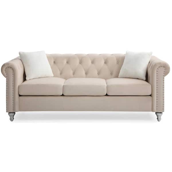 Andmakers Raisa 83 In. Beige Round Arm Straight Velvet 3-Seater Sofa ... inside Raisa 82 In. Velvet 3-Seater Sofa With 2-Throw Pillow, Gray
