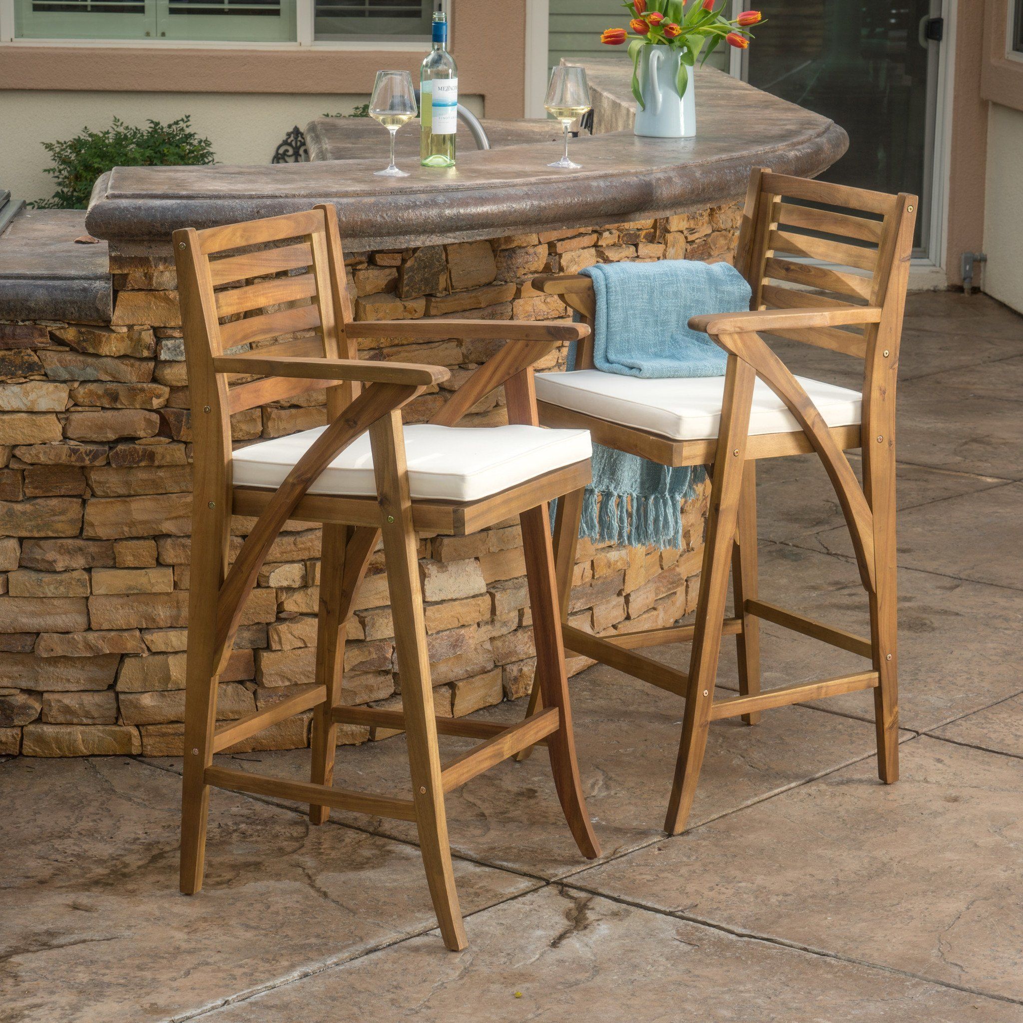 Anguilla 30-Inch Teak Finish Acacia Wood Outdoor Barstools | Outdoor ... with Outdoor Living Redefined Exploring the Versatility of Acacia Wood Seating
