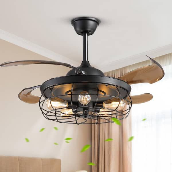 Antoine 42 In. Industrial Indoor Black Caged Ceiling Fan With Light And Remote, Farmhouse 5 ... inside 5-Light Black Industrial Ceiling Fan With Remote And Light, Reversible Blades, 42"