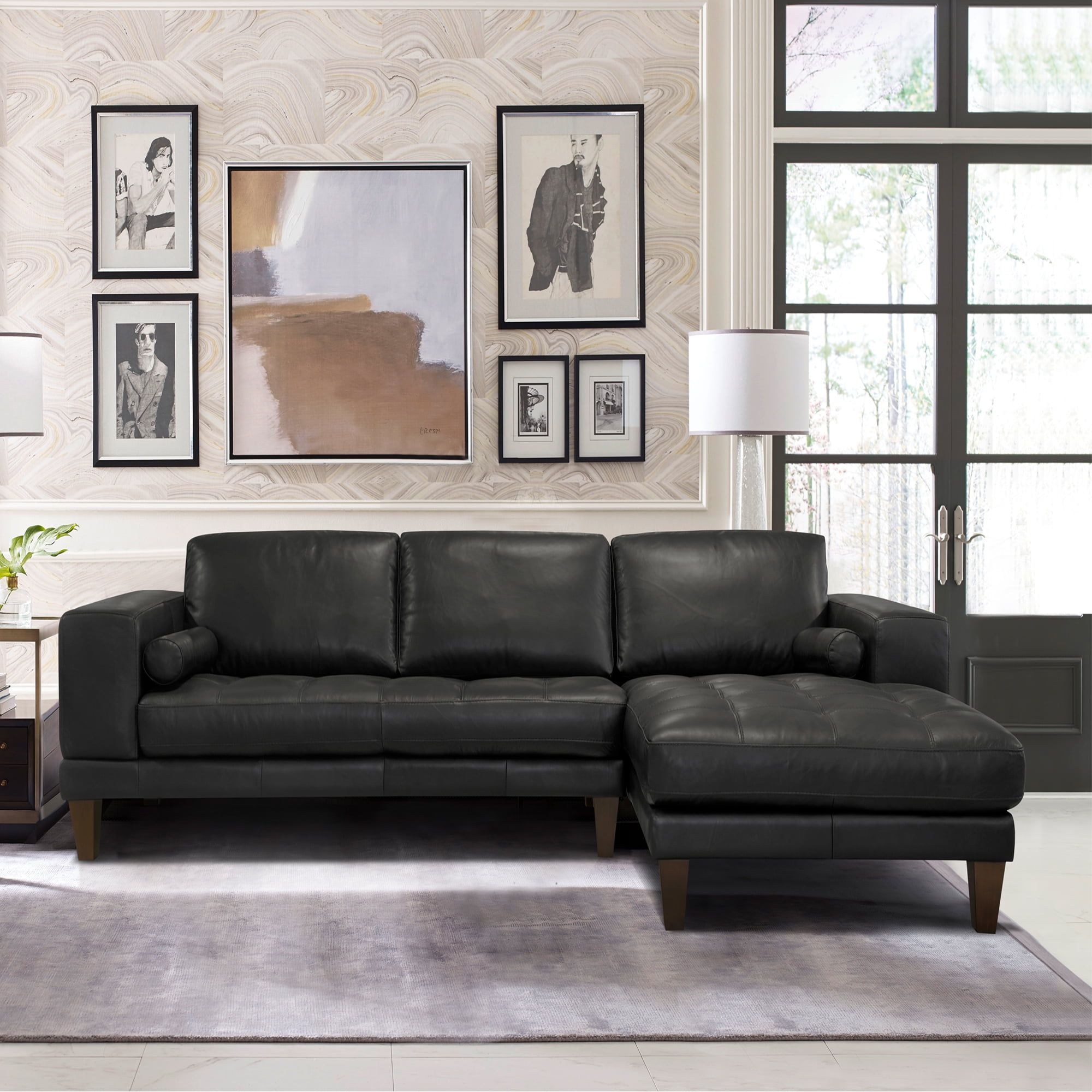 Armen Living Wynne Contemporary Sectional In Genuine Black Leather With ... intended for Wynne Contemporary Sofa, Genuine Black Leather With Brown Wood Legs, Black