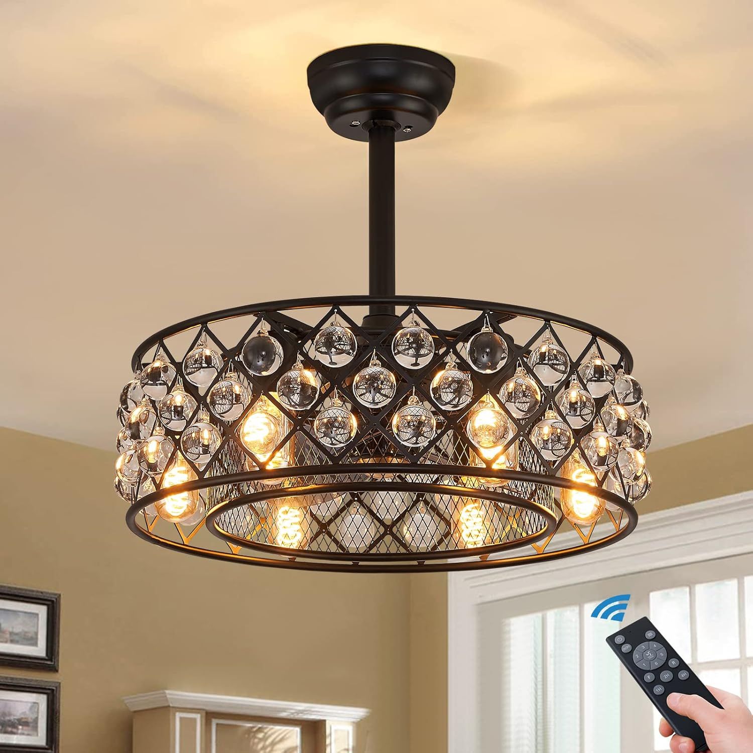 Auction Detail throughout 20" Crystal Caged Chandelier Ceiling Fans With Light Kit And Remote Control, Black