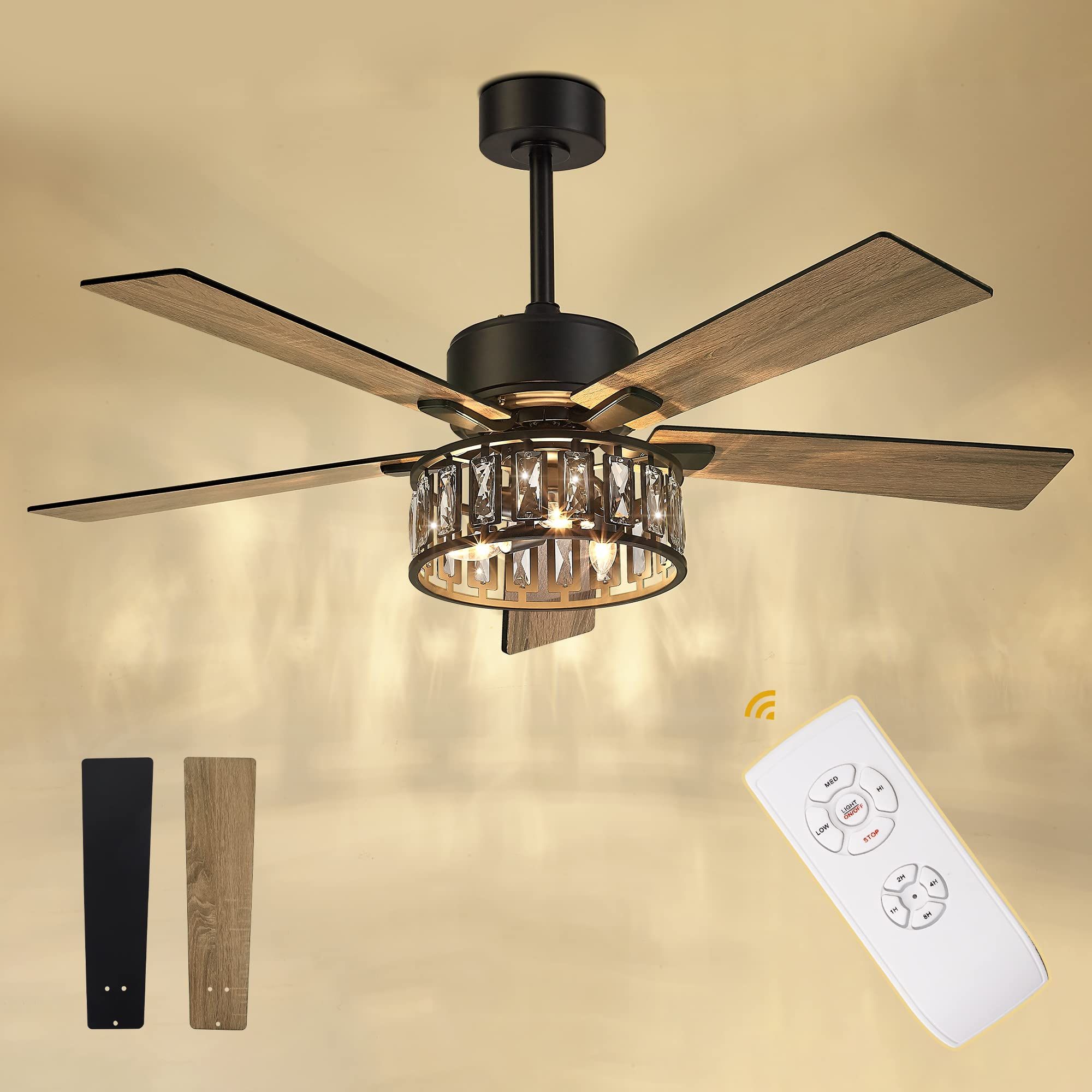 Auction Detail with 52 In Black Crystal Smart Ceiling Fan With Remote, App Control, Voice Control