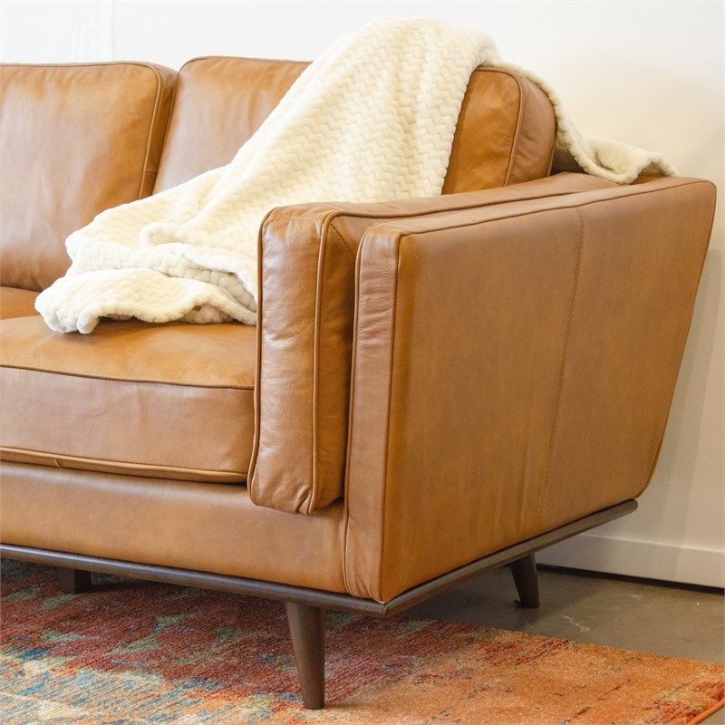 Austin Mid-Century Modern Cushion Back Genuine Leather Sofa In Tan ... pertaining to Beyond the Surface Exploring the Craftsmanship of a 100.5"W Leather Sectional