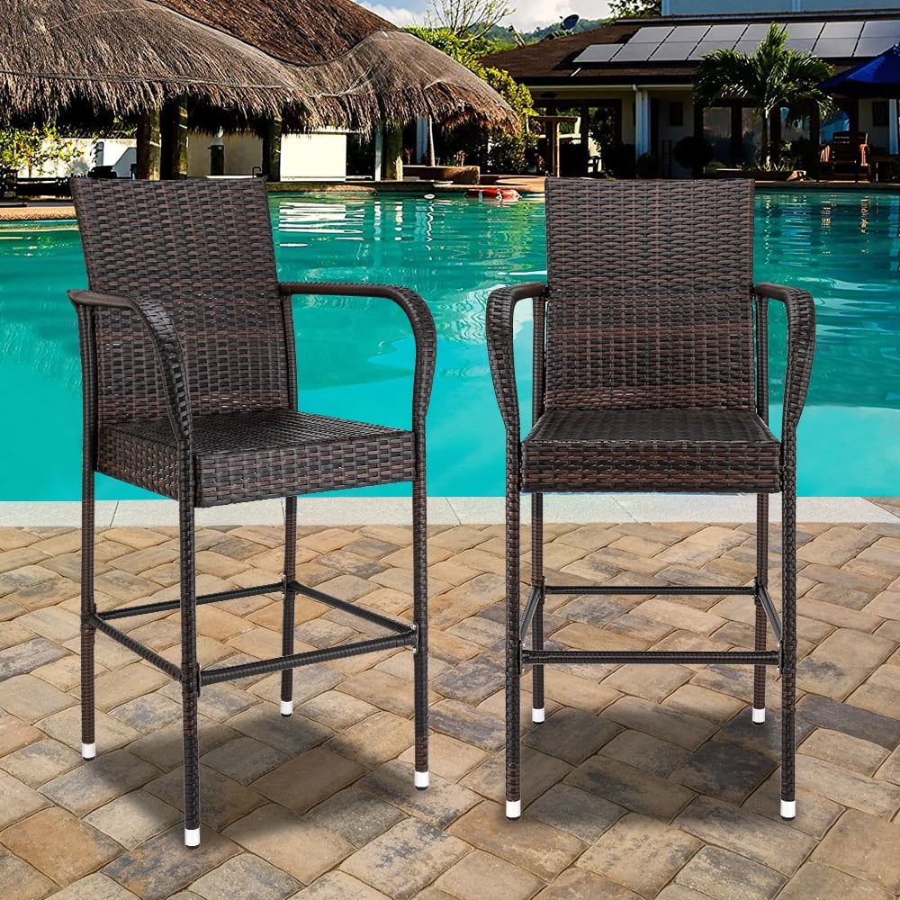 Bar Stools Set Of 2, Outdoor Patio Brown Pe Rattan High Bar Chairs ... for Set Of 2 Outdoor Bar Stoolst Patio Bar Chair,Patio Furniture Set, Earth
