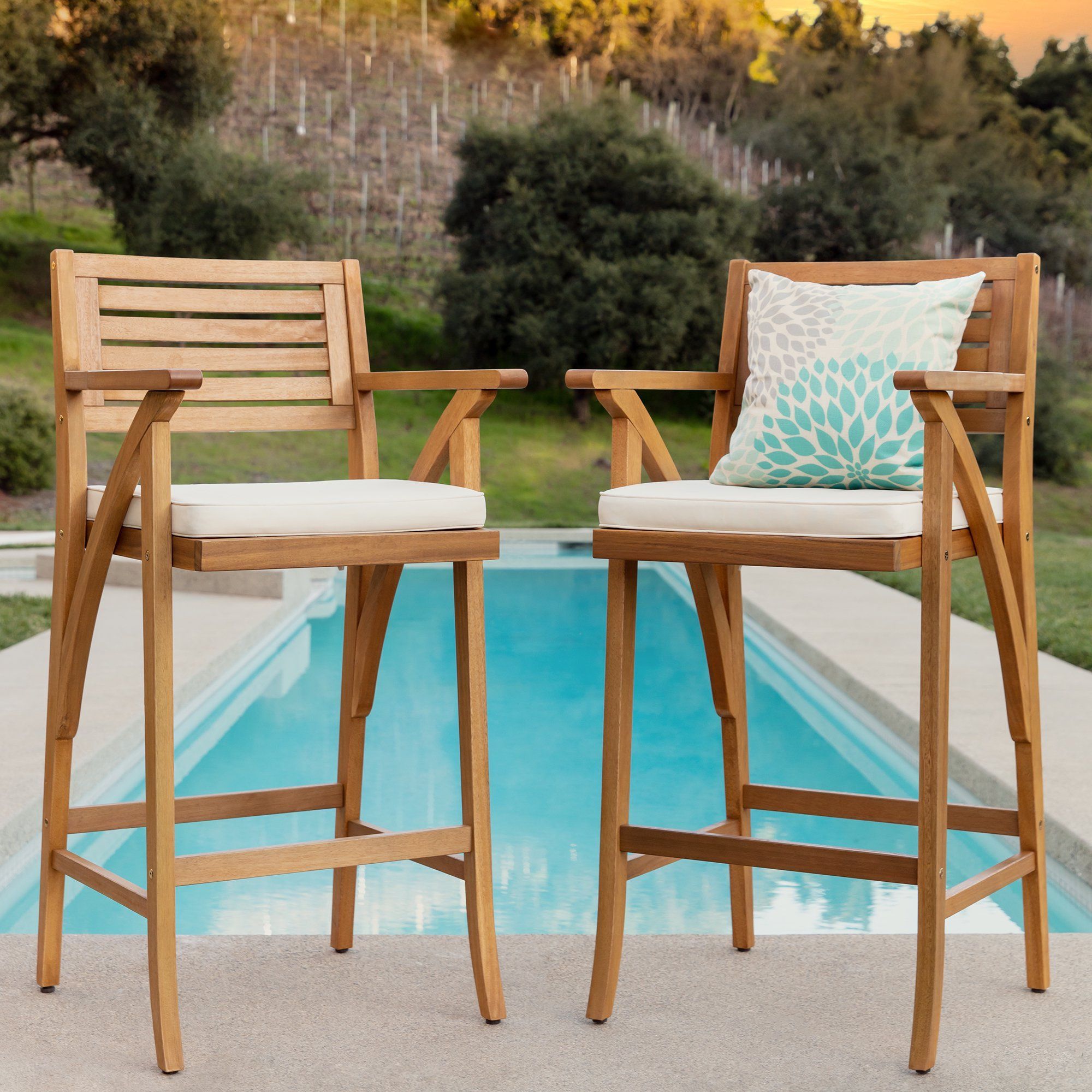 Best Choice Products Set Of 2 Outdoor Acacia Wood Bar Stools Bar Chairs ... inside Hedy Outdoor Wire Counter Stools With Cushions, Set Of 2, Teal Finish/Ivory