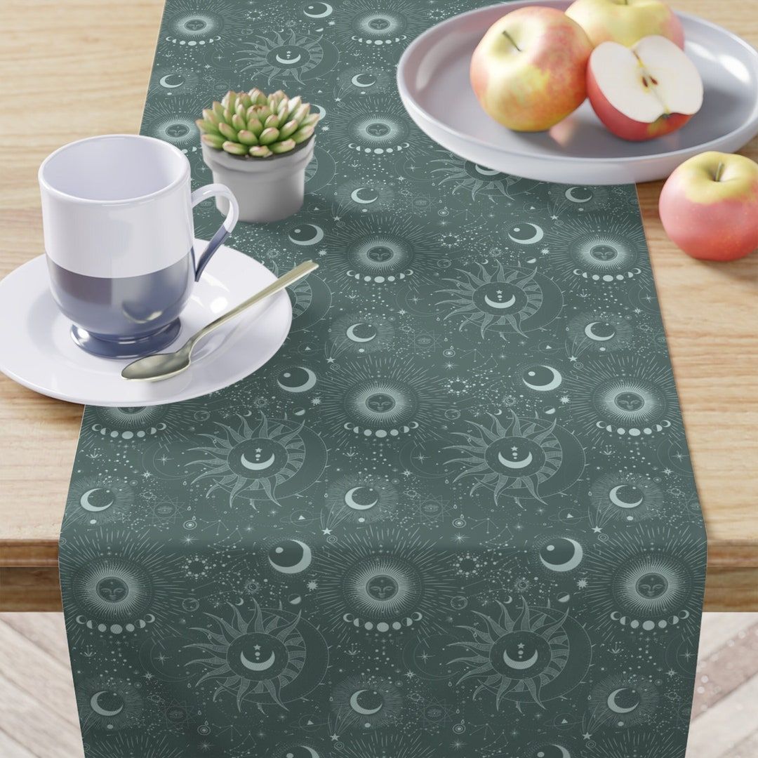 Bistro Green Celestial Table Runner, 2024 Color Trend, Muted Teal ... with Celeste Cafe Table Design From Inspiration to Reality