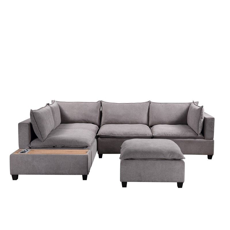 Bowery Hill Fabric 6 Piece Sectional Sofa With Ottoman In Light Gray ... with regard to Bowery Hill Modern Fabric &amp; Wood Sofa Chaise In Stone Light Gray