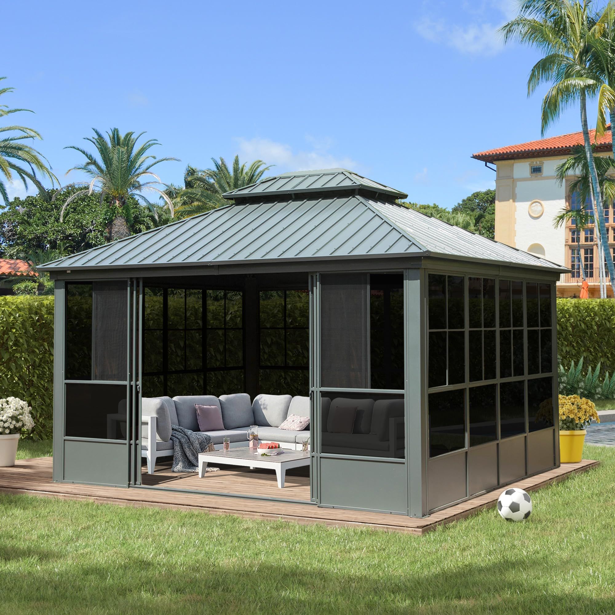 Buy Domi 12X14Ft Sunroom, Four-Season Solarium Aluminum Hardtop Gazebo ... pertaining to 12X14 Hardtop Double-Roofed Aluminum Patio Gazebo
