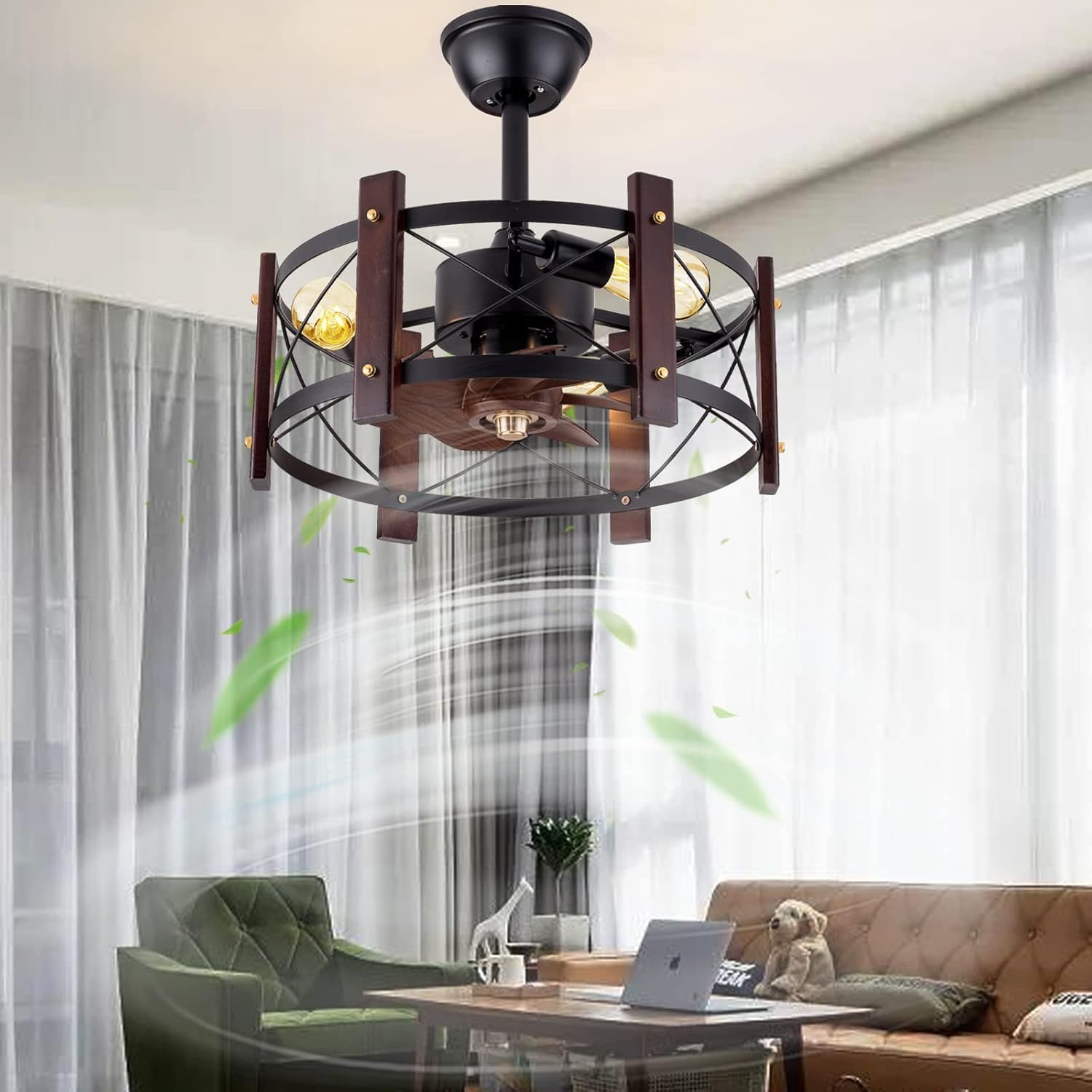 Buy Low Profile Caged Ceiling Fan With Lights Remote Control,Farmhouse Black Industrial Flush ... pertaining to 48 In. Black Industrial Flush Mounted Ceiling Fan With Remote Control, 5 Blades