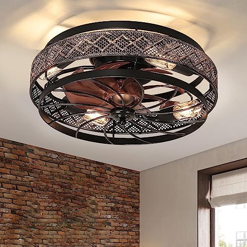 Buy Low Profile Caged Ceiling Fans With Lights And Remote, Flush ... within Choosing the Right Brown Finish for Your Caged Metal Lampshade Ceiling Fan