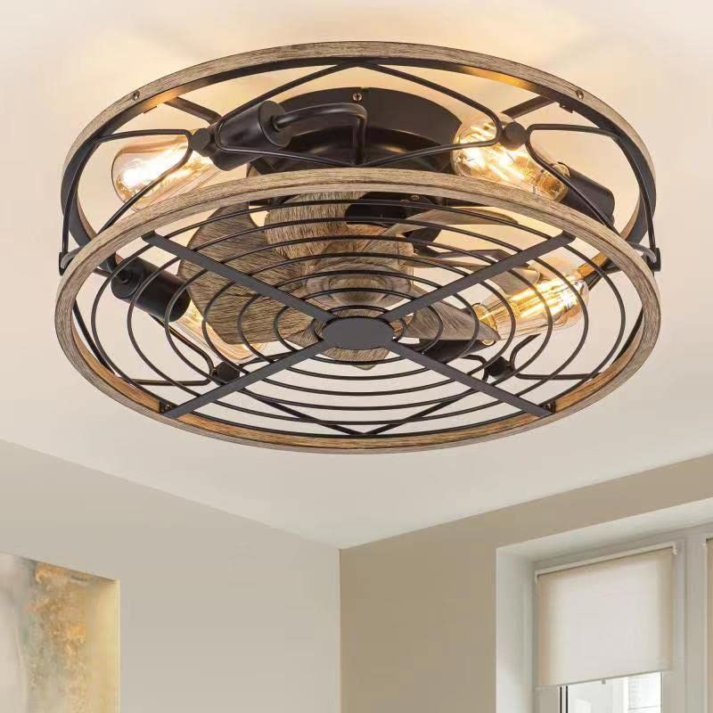 Caged Ceiling Fans With Lights, 20'' Industrial Bladeless Low Profile ... with 24.4 In Caged Metal Lampshade Ceiling Fan With Remote In Brown