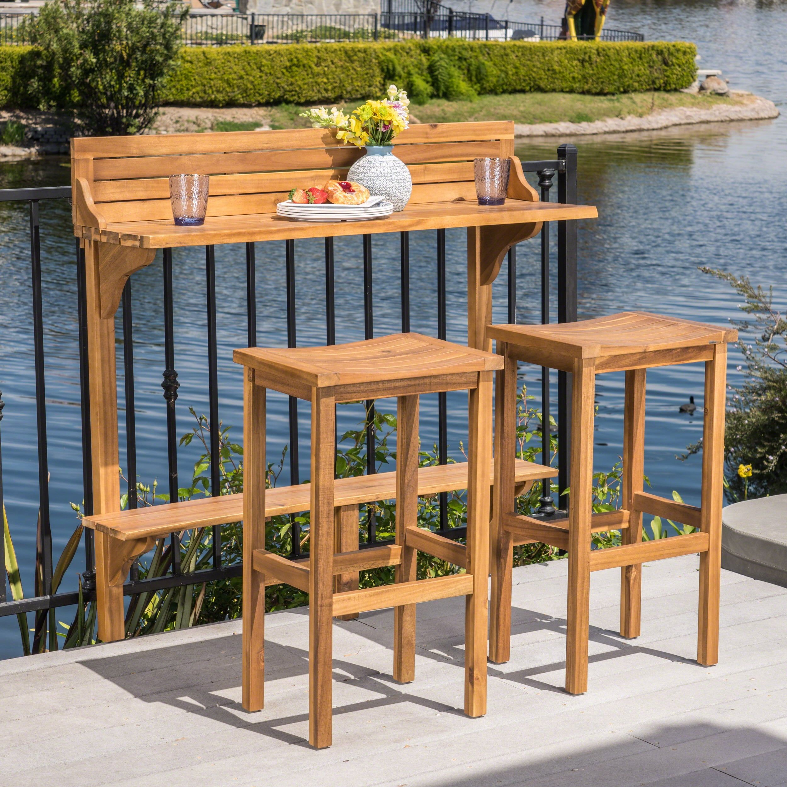 Caribbean Outdoor 3 Piece Acacia Wood Balcony Bar Set, Natural Stained ... for Vidaxl Patio Bar Set Outdoor Hightop Table And Chair 3 Piece Solid Wood Acacia
