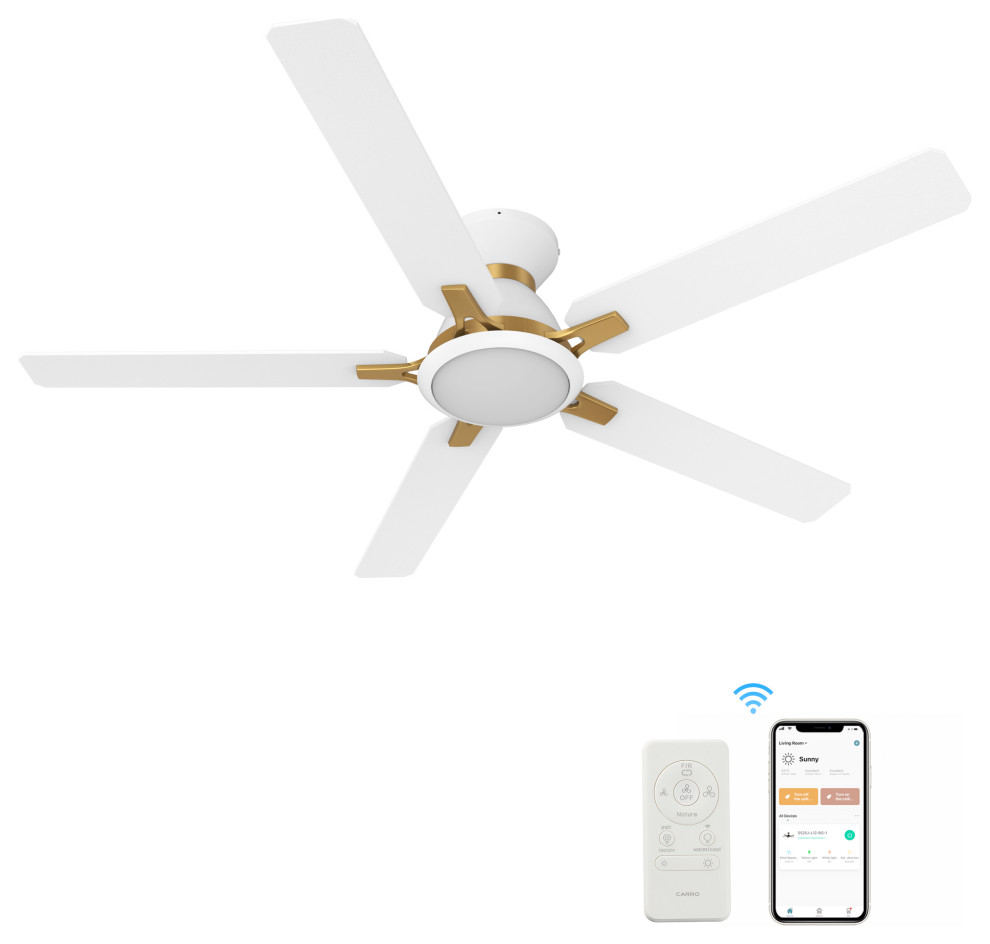 Carro Flush Mount Ceiling Fan With Dim Led Light And Remote Smart 52" 5 ... pertaining to Carro Flush Mount Ceiling Fan With Dim Led Light And Remote Smart 52" 5-Blade, Black/Gold