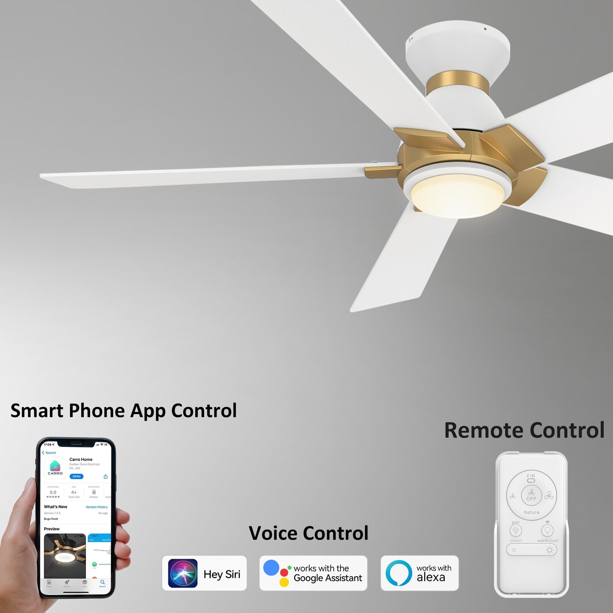 Carro Joule 48-Inch Indoor/Outdoor Smart Ceiling Fan, Dimmable Led ... throughout Carro 48&quot; Flush Mount Ceiling Fan With Dimmable Led Light And Remote Control