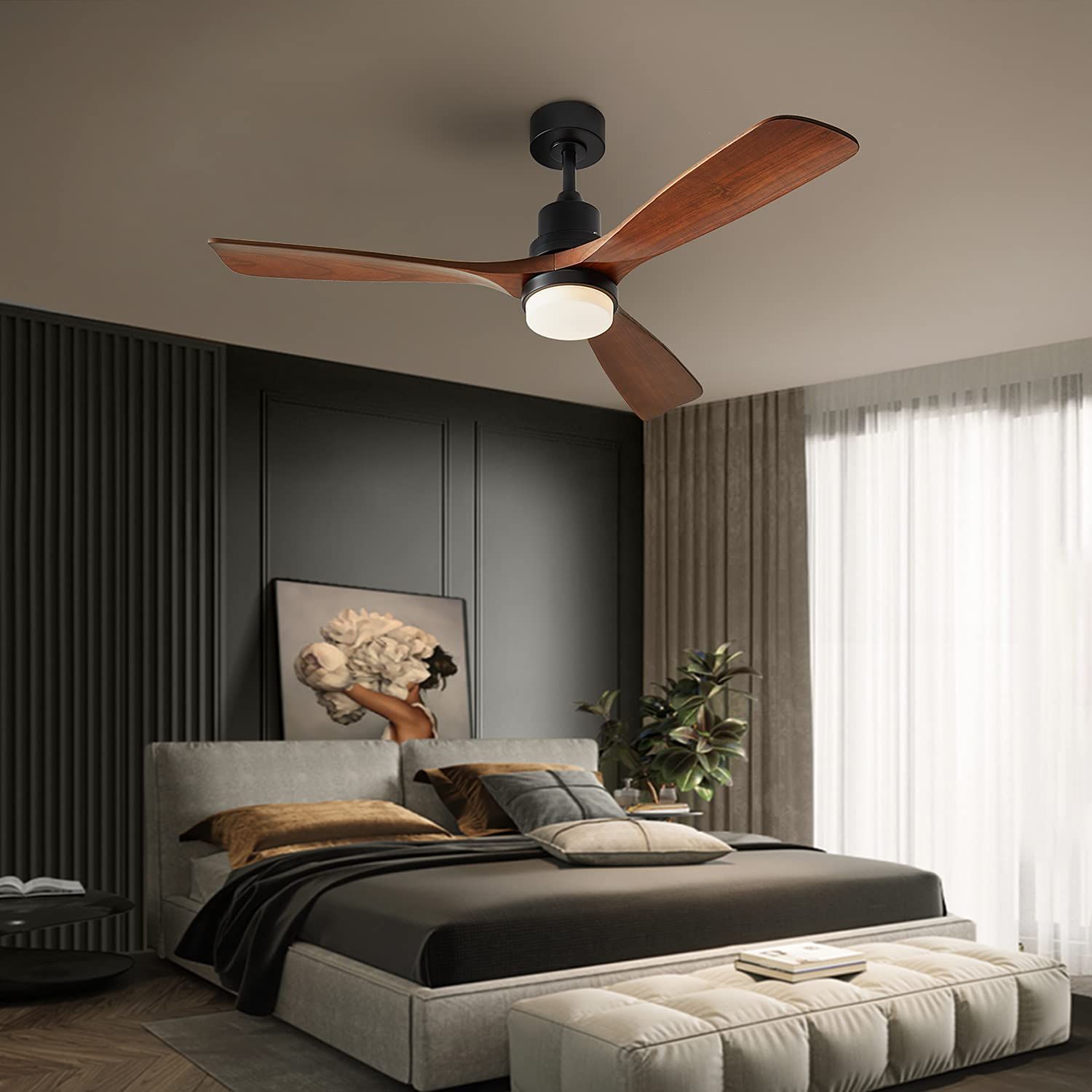 Ceiling Fans With Lights, 60&quot; Wood Ceiling Fan With Remote Control, 3 ... for 3-Blade Ceiling Fan Weathered Wood Blades And Rope Accents Led Light Kit 60