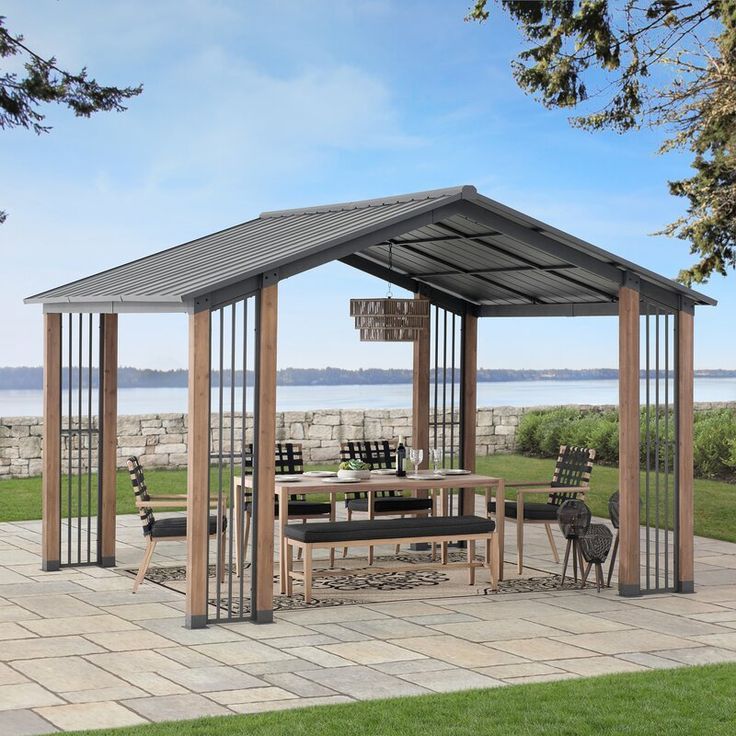 Clint 13 Ft. W X 11 Ft. D Solid Wood Patio Gazebo | Wood Patio, Hardtop ... in 13 Ft. W X 11 Ft. D Solid Wood Outdoor Hard Top Patio Gazebo With Mosquito Netting