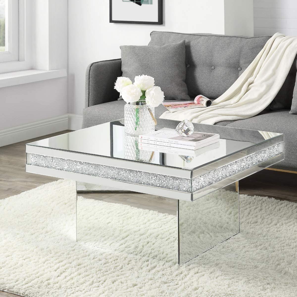 Coffee Table Mirrored With Crystal Inlay Surface, Square Silver Accent ... with Chunk Square Silver Coffee Table