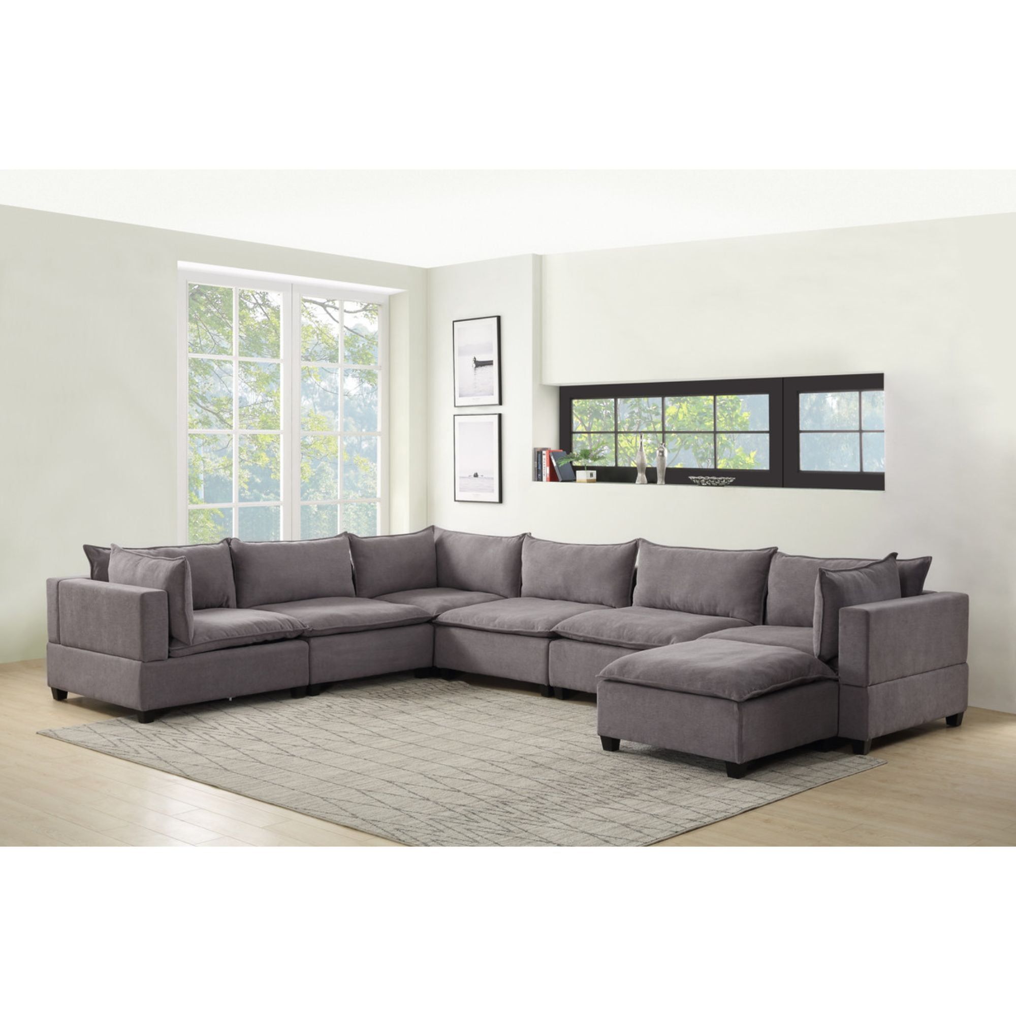 Contemporary Home Living 158&quot; Madison Light Gray 7-Piece Modular ... with Light Grey Modular Sectional Sofa With Cushioned Back And Ottoman Chaise