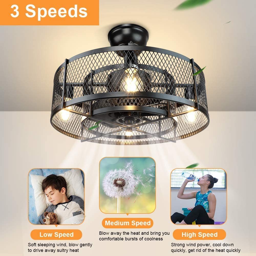 Depuley Black Metal Caged Farmhouse Remote Ceiling Fan Light ... in 24.4 In Caged Metal Lampshade Ceiling Fan With Remote In Brown