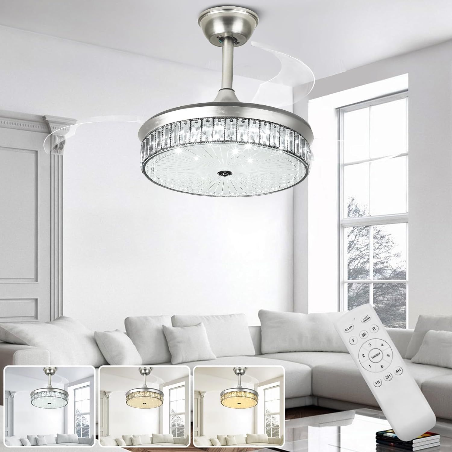 Dllt 42'' Retractable Crystal Ceiling Fan With Light, Modern Silver ... in Troubleshooting Common Issues with Your Crystal Fandelier A Practical Guide
