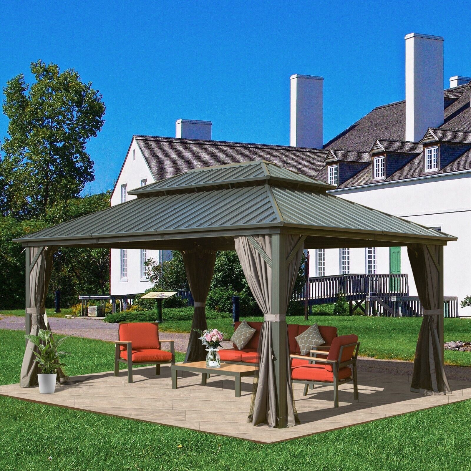 Domi Outdoor Living 12' X 14' Hardtop Gazebo Canopy With Netting ... for 12X14 Hardtop Double-Roofed Aluminum Patio Gazebo