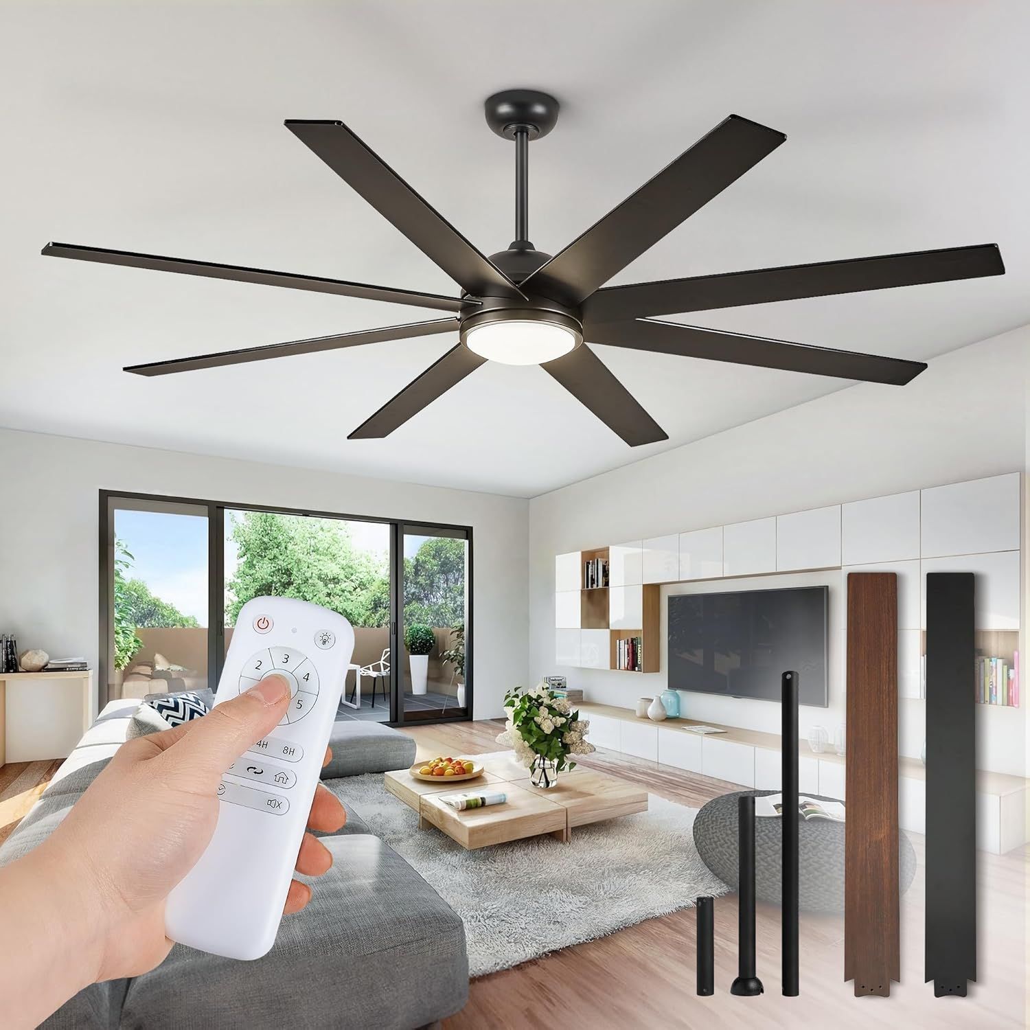 Fanbulous 65 Inch Ceiling Fans With Lights And Remote, Black Indoor ... for 65" Large Wood Blade Ceiling Fan, 8 Blades And 3 Lights, Chrome