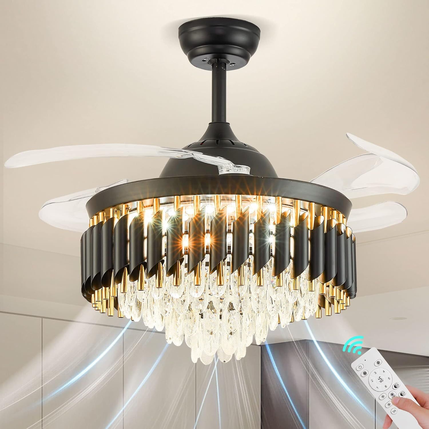 Fangl 42 Inch Dimmable Fandelier Chandelier Fan Modern Crystal Ceiling ... with 31 In Oil Rubbed Bronze Bladeless Fandelier Ceiling Fan With Remote Control