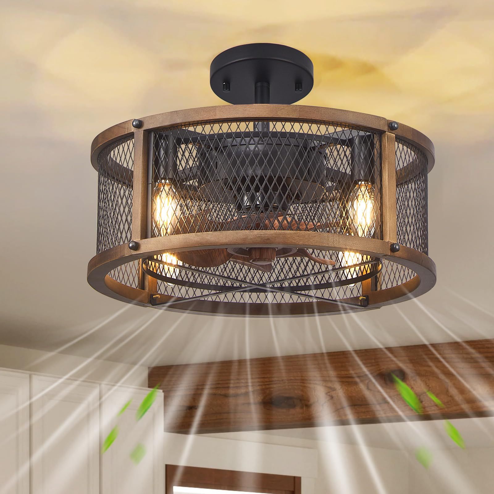 Farmhouse Ceiling Fans With Lights,Caged Wood Ceiling Fan With Lights ... within Farmhouse Wood Metal Caged Ceiling Fan Reversible With Light And Remote Control, Bronze
