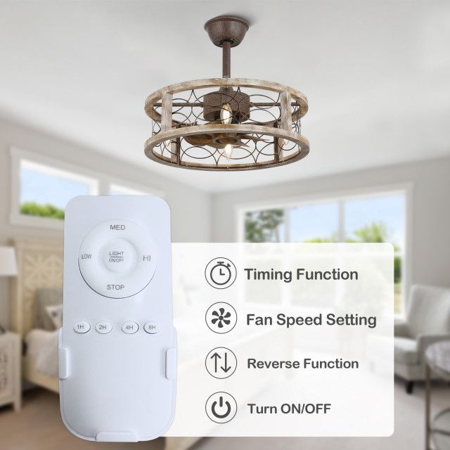Farmhouse Wood Metal Caged Ceiling Fan Reversible With Light And Remote ... intended for Farmhouse Wood Metal Caged Ceiling Fan Reversible With Light And Remote Control, Bronze
