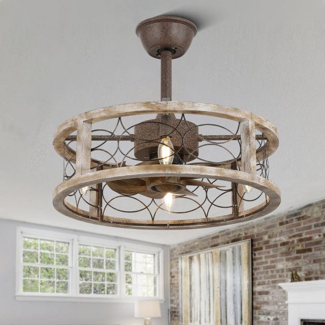 Farmhouse Wood Metal Caged Ceiling Fan Reversible With Light And Remote ... within Farmhouse Style Ceiling Fans Choosing the Right One for Your Home