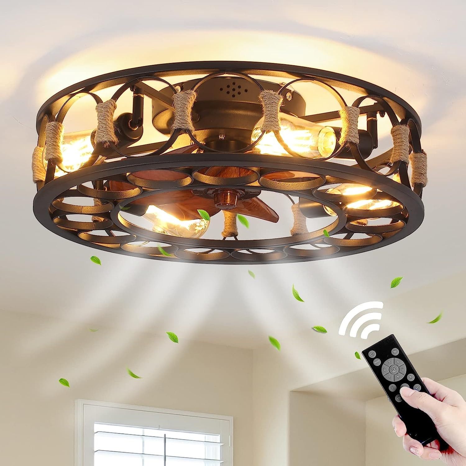 Flush Mount Caged Ceiling Fan 4-Light Enclosed Low Profile Ceiling Fan ... throughout Choosing the Right Brown Finish for Your Caged Metal Lampshade Ceiling Fan
