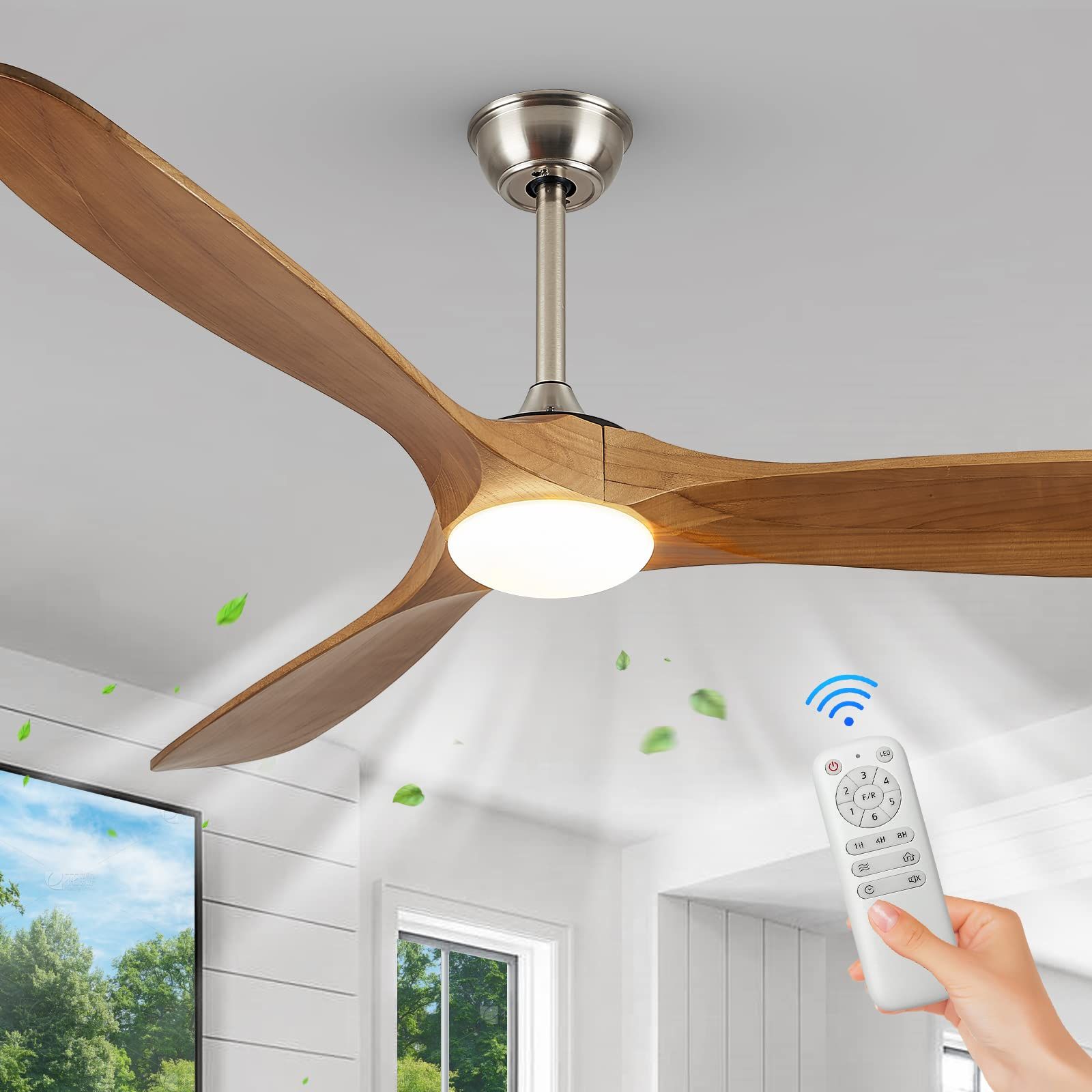 Fookchak 60&quot; Natural Wood Ceiling Fan With Lights And Remote Control 3 ... pertaining to 3-Blade Ceiling Fan Weathered Wood Blades And Rope Accents Led Light Kit 60