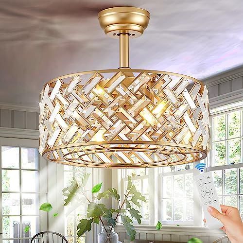 Fookchak Gold Caged Ceiling Fan Light With Remote Control Modern Brass ... pertaining to Style and Functionality The Complete Guide to 22 in Indoor Brass Gold Crystal Caged Ceiling Fan Chandeliers