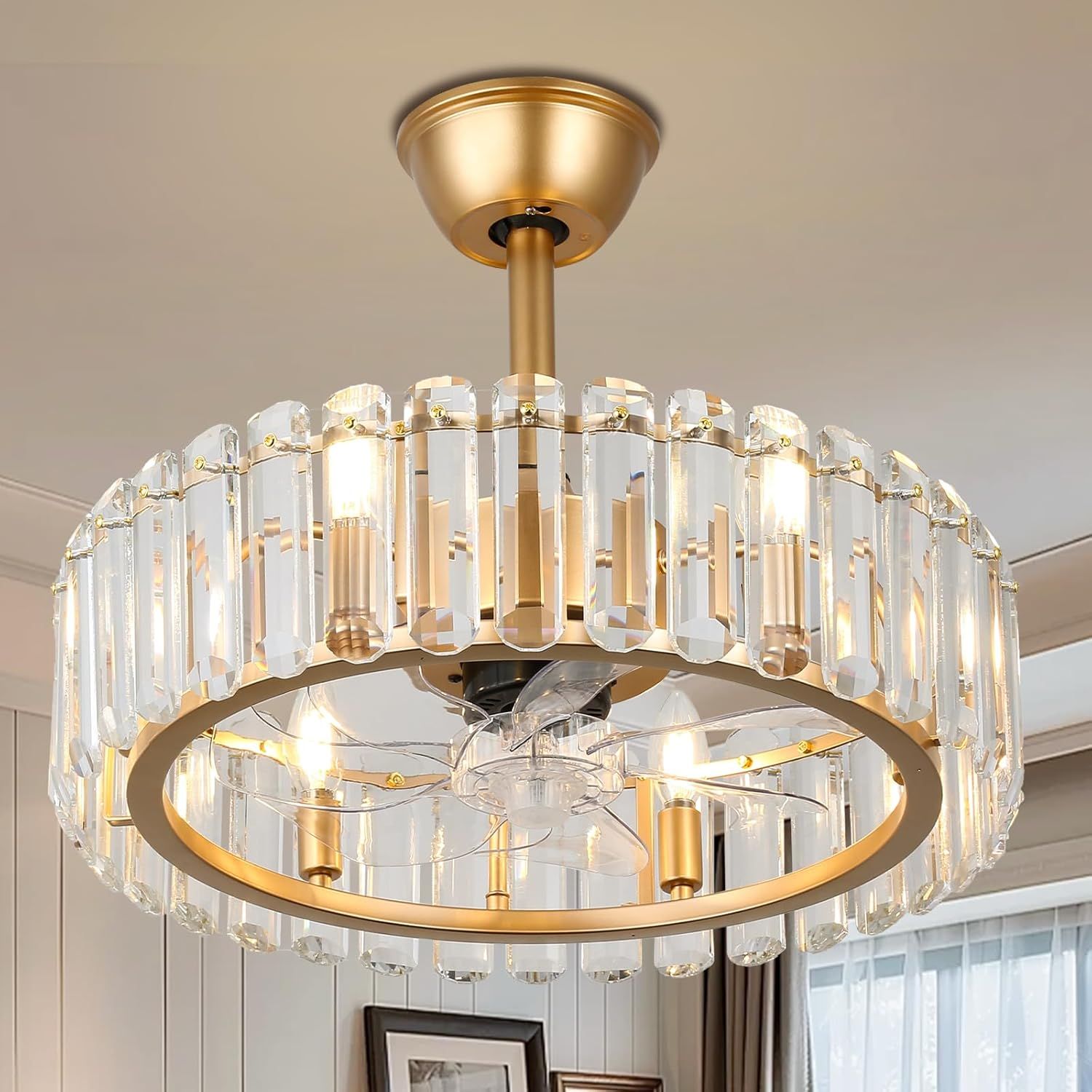 Frixchur Modern Crystal Fandelier Ceiling Fan With Lights Gold ... intended for 22 In Indoor Brass Gold Crystal Caged Ceiling Fan Chandelier With Remote